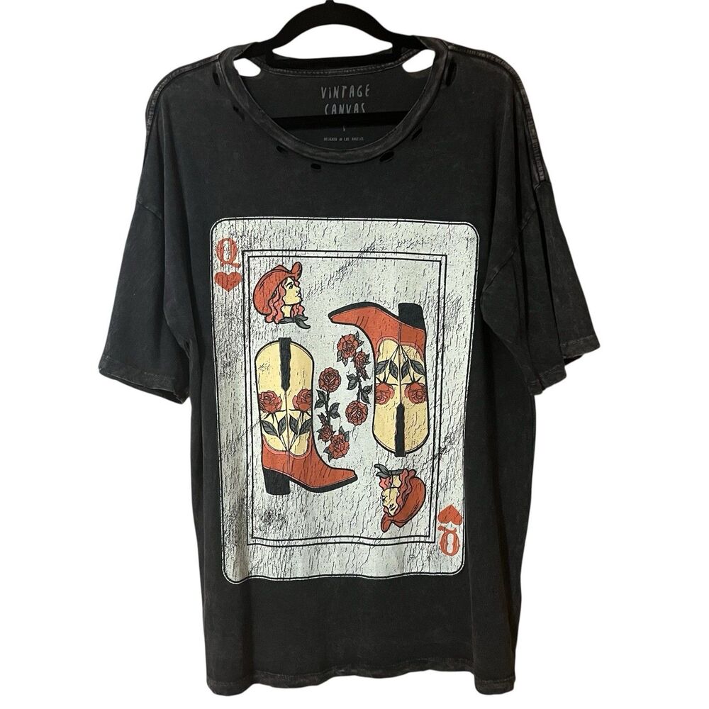 Vintage Canvas Womens Size Small Black Distressed Cowgirl Boots Playing Card Tee